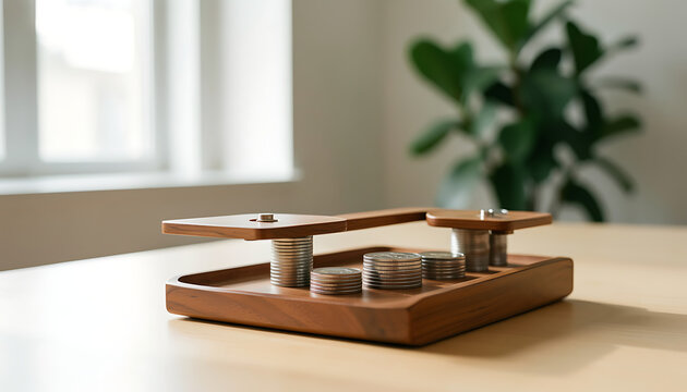 a sense of financial balance and decision-making, with soft natural light illuminating the objects