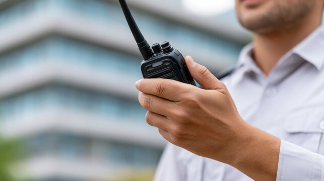 Security guard holding a walkie-talkie while communicating outdoors near a modern building with large windows and greenery in the background