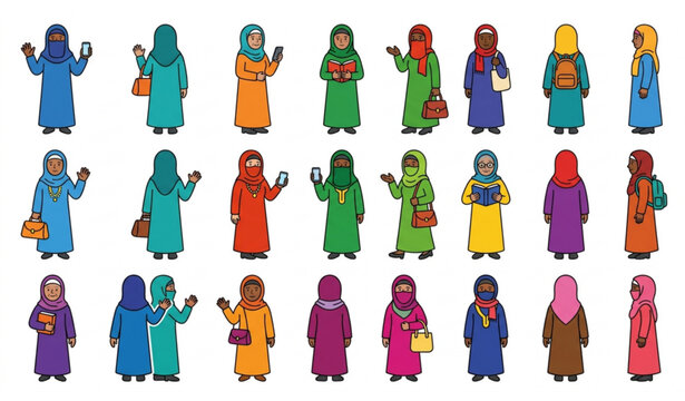 Diverse Women Wearing Paranja Vector Icons Set with Traditional and Modern Modest Fashion