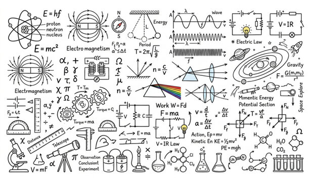 Physics Science Theory and Mathematical Formula Doodle Vector Icon Set for Education