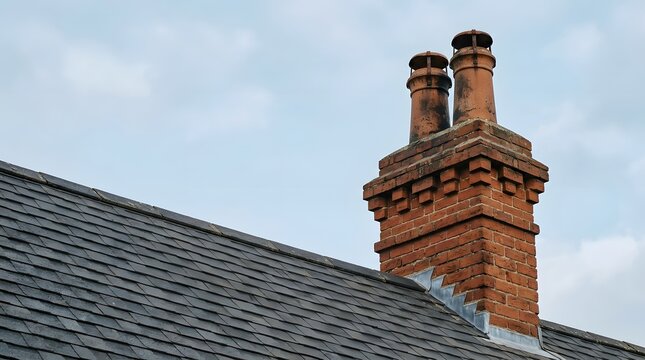 Close-up of Traditional Brick Chimney on Slate Roof under Clear Sky, Architecture Detail, Outdoor View