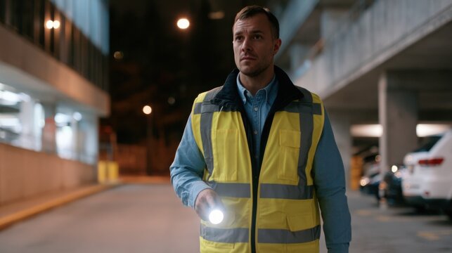 Male security guard wearing reflective vest holds flashlight while patrolling a dimly lit parking garage with parked cars and concrete structures in the background