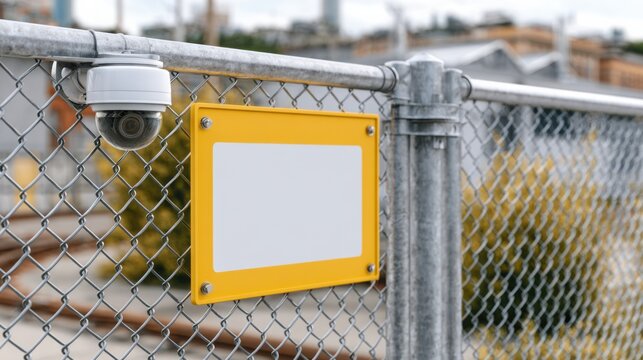 Security camera mounted on a chain-link fence with a blank yellow sign, surrounded by industrial buildings and greenery in an outdoor urban environment