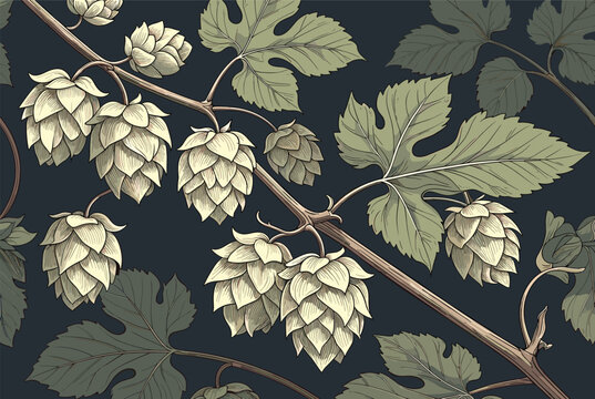 Beautiful beer hops seamless pattern featuring green branches and cones on a dark blue vintage background.