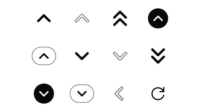 Collection of various black and white arrow icons on transparent background
