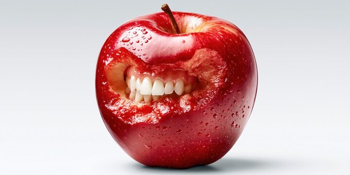 Surreal bitten apple with visible teeth