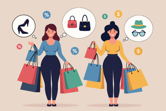 Happy women holding multiple colorful shopping bags while thinking of stylish shoes purses hats and sunglasses.