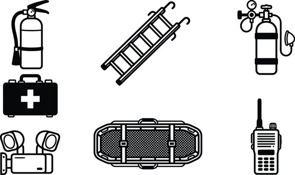Emergency and first aid equipment icon set featuring fire extinguisher ladder oxygen tank first aid kit stretcher and radio.