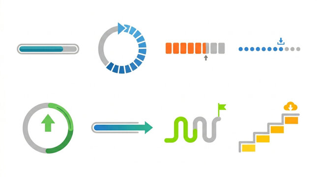 Collection of diverse progress bars, loading indicators, and growth charts presented in a clean, graphic design style against a white background