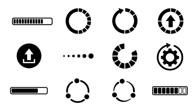 Collection of black loading and progress bar icons, including circular spinners and linear bars, set against a clean white background for digital interface design