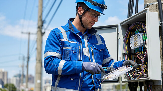 Male telecommunications worker repairing fiber optic box on utility pole. Technician in blue uniform and hard hat splicing cables. Network infrastructure maintenance