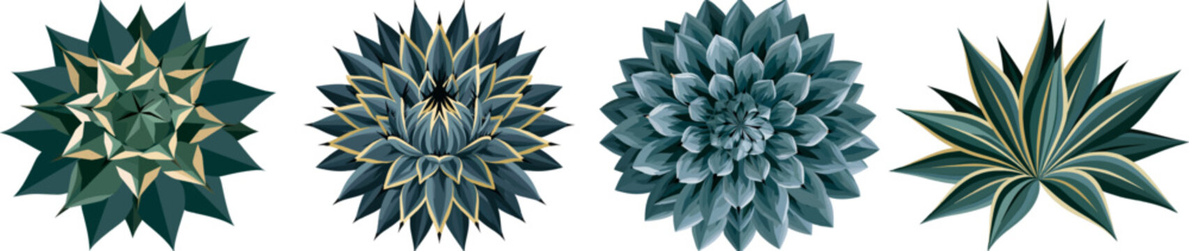 A perfectly symmetrical geometric agave plant rosette spreads its thick blue-green leaves outward in a flat 2D design with muted desert blue-green, sharp black thorns, and arid sand yellow colors