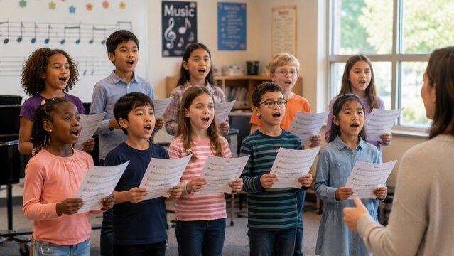 Multicultural classroom with diverse children singing together in a choir, holding sheet music, and a teacher guiding them in a bright music room