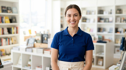 Fototapeta premium Smiling young female retail staff member in a bookstore. Woman wearing a blue polo shirt and beige apron uniform. Friendly customer service concept