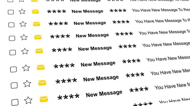 New Message Email notification list scrolling on the mobile or pc Screen with yellow highlighted box, 4k animation, Phone notification. Smartphone with new mail Reminder message, sign business concept