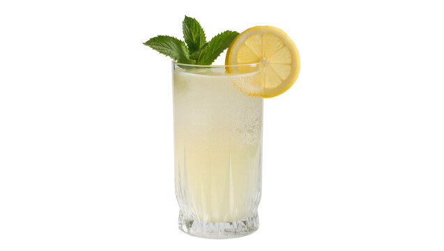 Tall glass of lemonade with lemon slice and mint leaves, isolated on transparent background