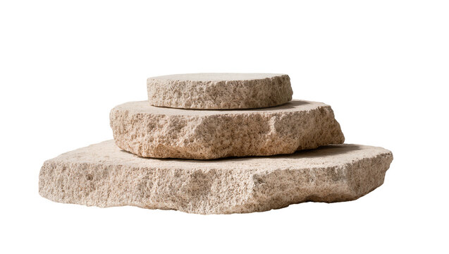 Tiered rough-hewn sandstone slabs stacked as a natural display podium, isolated on transparent background