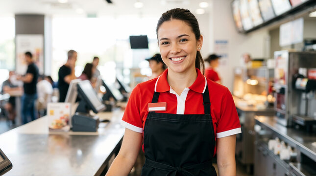 Portrait of a smiling female fast food employee in a red polo shirt and black apron. Young woman working behind the restaurant counter. Hospitality and customer service staff