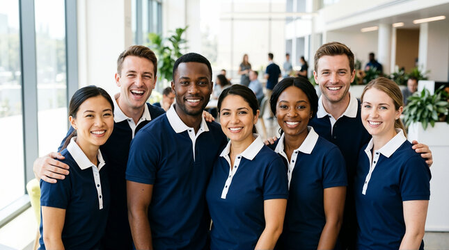 Diverse group of smiling employees in matching uniforms. Happy multiethnic corporate team wearing blue polo shirts in a modern office