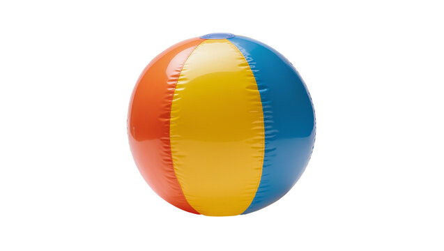 Inflatable beach ball with orange yellow and blue panels, isolated on transparent background