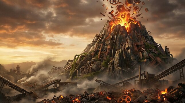 A Spectacular Surreal Digital Art of an Industrial Volcano Erupting with Clockwork Gears and Machinery Parts Under a Dramatic Sunset Sky
