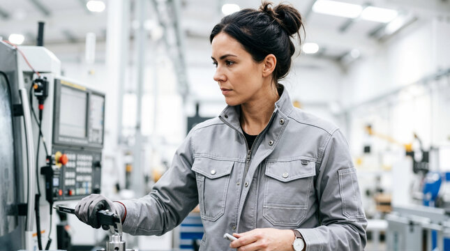 Female CNC operator in a grey work uniform measuring a metal part. Focused woman machinist working in a modern manufacturing factory
