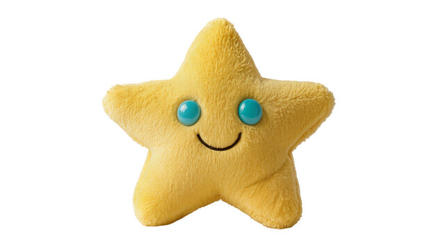 Fluffy yellow star plush toy with blue eyes and smiling mouth, isolated on transparent background