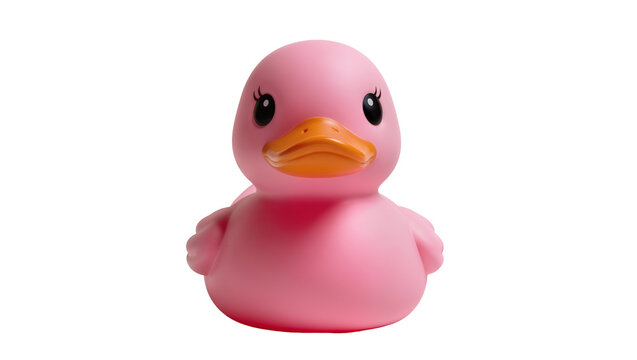 Cute pink rubber duck toy with orange beak, isolated on transparent background