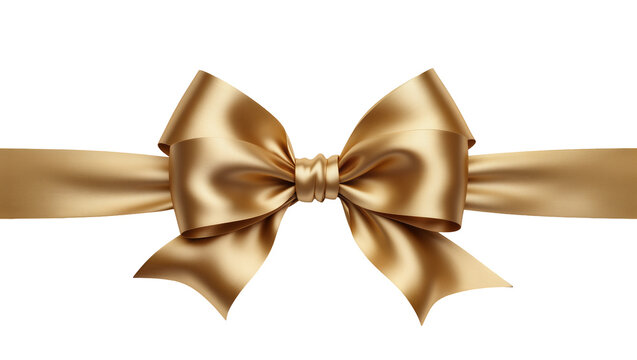 Luxurious golden satin ribbon tied into a perfect bow, isolated on transparent background
