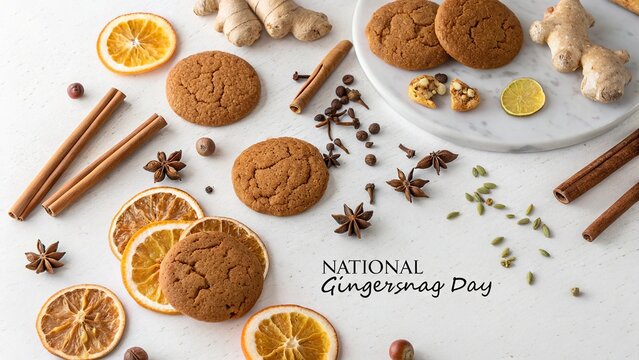 Photorealistic Flat Lay Arrangement Of Fresh Gingersnap Cookies And Spices.