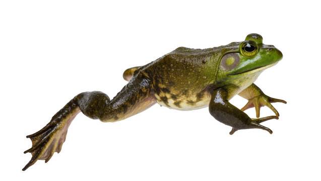 Green bullfrog with webbed feet, isolated on transparent background