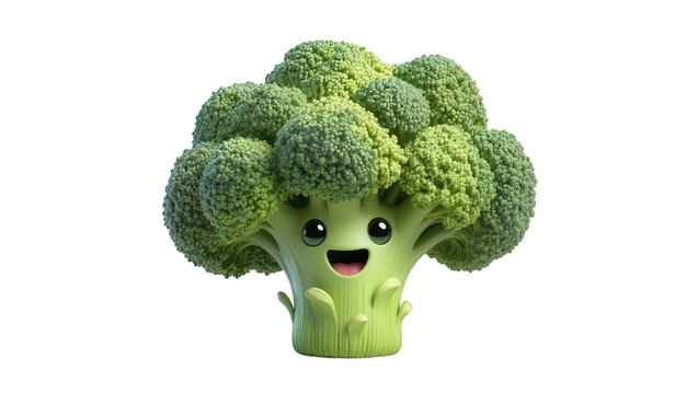Happy cartoon broccoli character with smiling face, isolated on transparent background