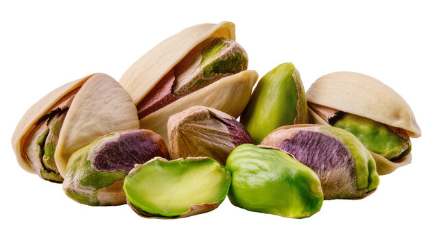 Pile of shelled and unshelled pistachios with vibrant green kernels, isolated on transparent background