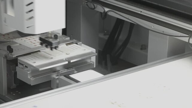 Pick and place machine assembling electronic component on production line. SMT automation in electronics manufacturing. 