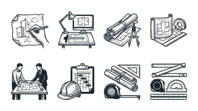 Architectural Drawings and Tools for Construction Planning.