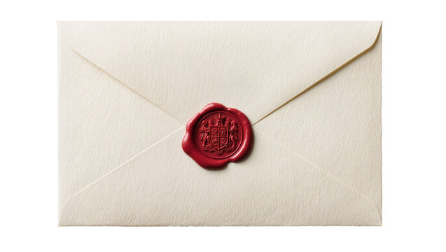 Cream textured envelope sealed with a red wax crest, isolated on transparent background