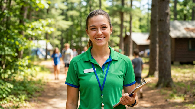 Smiling female camp counselor holding clipboard in sunny forest. Young youth leader wearing green polo shirt and whistle. Summer camp outdoor recreation concept