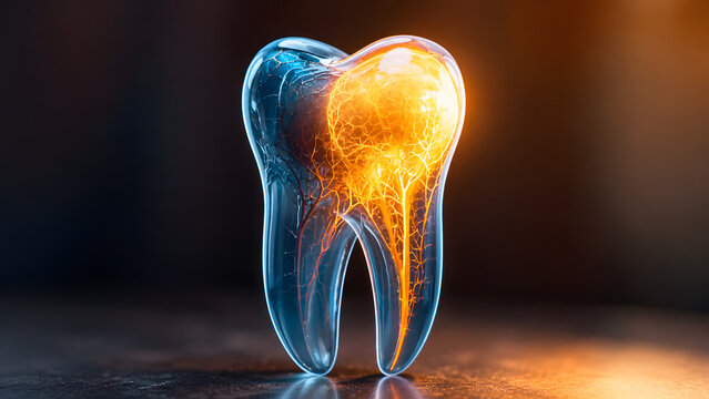 Transparent tooth anatomy with glowing dental nerve