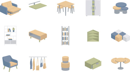 Selection of modern living room furniture pieces and modular shelving units for home interior design layout planning © MDMUKTADIR
