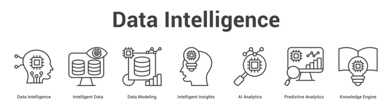 Data Intelligence web banner icon set vector illustration concept for business with icon of Data Intelligence, Intelligent Data, Data Modeling, Intelligent Insights, AI Analytics, Predictive Analyti.