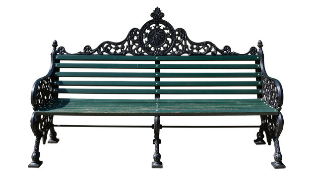 Ornate black cast iron park bench with dark green wooden slats, isolated on transparent background