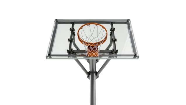 Basketball hoop with orange net and clear backboard, isolated on transparent background