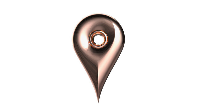 Polished metallic rose gold map pin marker, isolated on transparent background