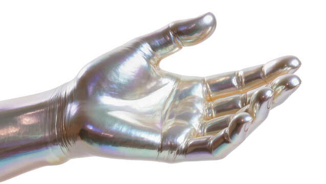 Iridescent metallic hand reaching out, isolated on transparent background