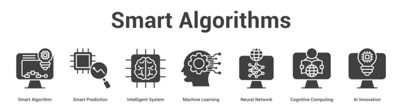 Smart Algorithms web banner icon set vector illustration concept for business with icon of Smart Algorithm, Smart Prediction, Intelligent System, Machine Learning, Neural Network, Cognitive Computi.