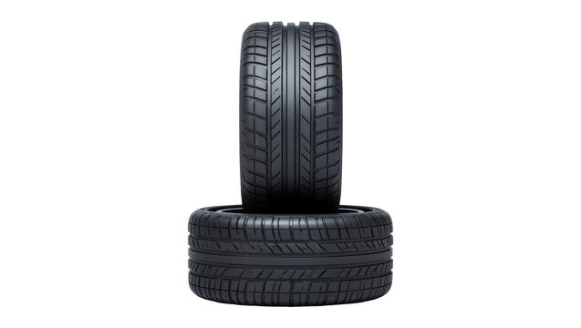 Two black rubber car tires stacked, isolated on transparent background