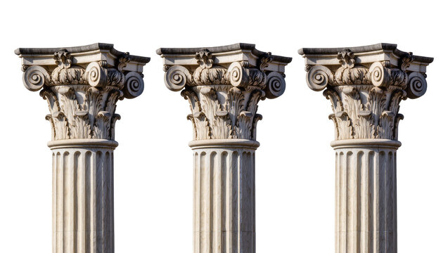 Three ornate Corinthian columns with detailed capitals, isolated on transparent background