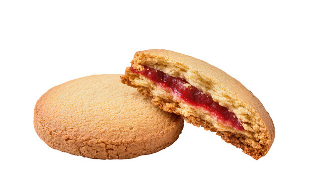 Golden jam-filled shortbread cookies one whole and one broken, isolated on transparent background
