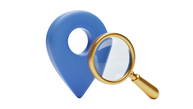 Blue map pin location marker with golden magnifying glass, isolated on transparent background