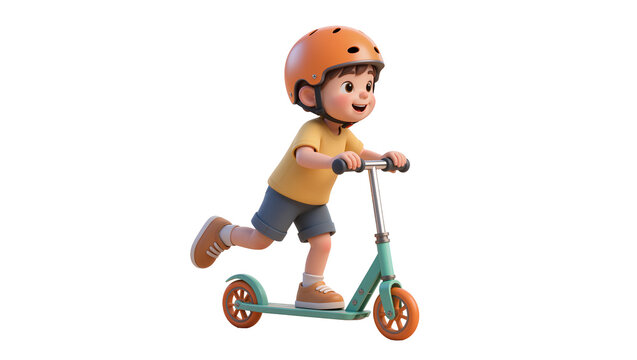 Smiling boy in orange helmet riding teal scooter, isolated on transparent background